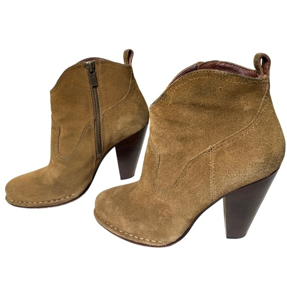 Frye Shoes - Frye Madeleine Suede Ankle Boots Brown Leather Lined Stacked Heel‎ 8.5